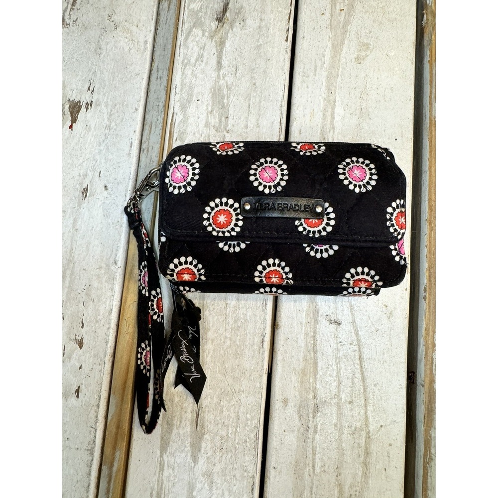 Vera Bradley Parisian Pom Pom Front Zip Wristlet Wallet Black Pink